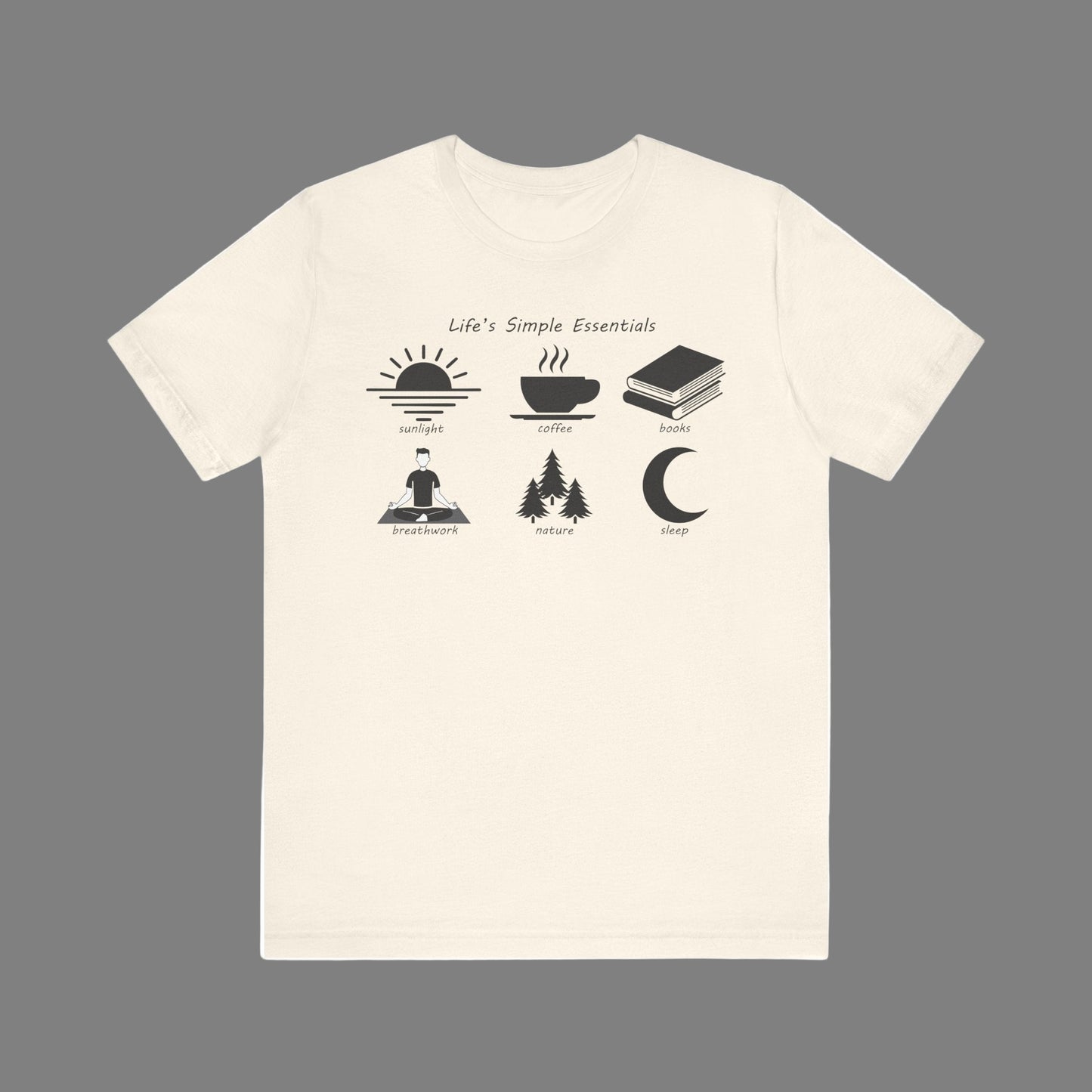 Natural color t-shirt with black graphics and text on a white background