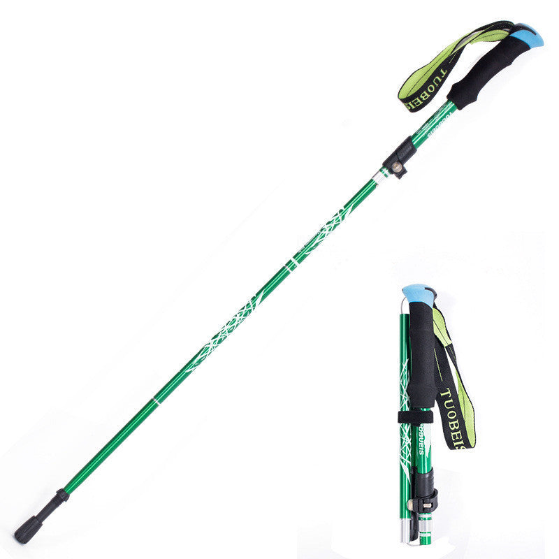 Green hiking poles with black and blue accents on a white background