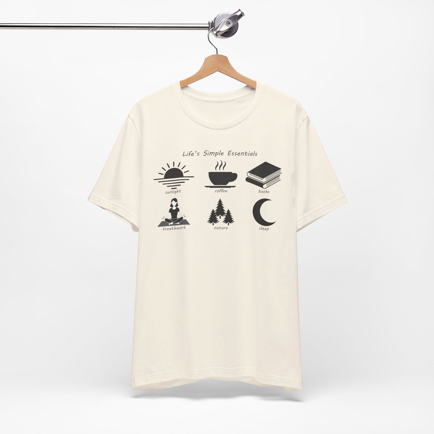 Natural colored t-shirt with black graphics and text on a white background