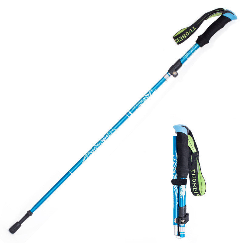 Sky blue hiking pole with black and green accents on a white background
