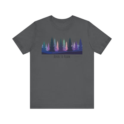 Dark gray t-shirt with a colorful forest graphic and 'Born to Roam' text on a white background