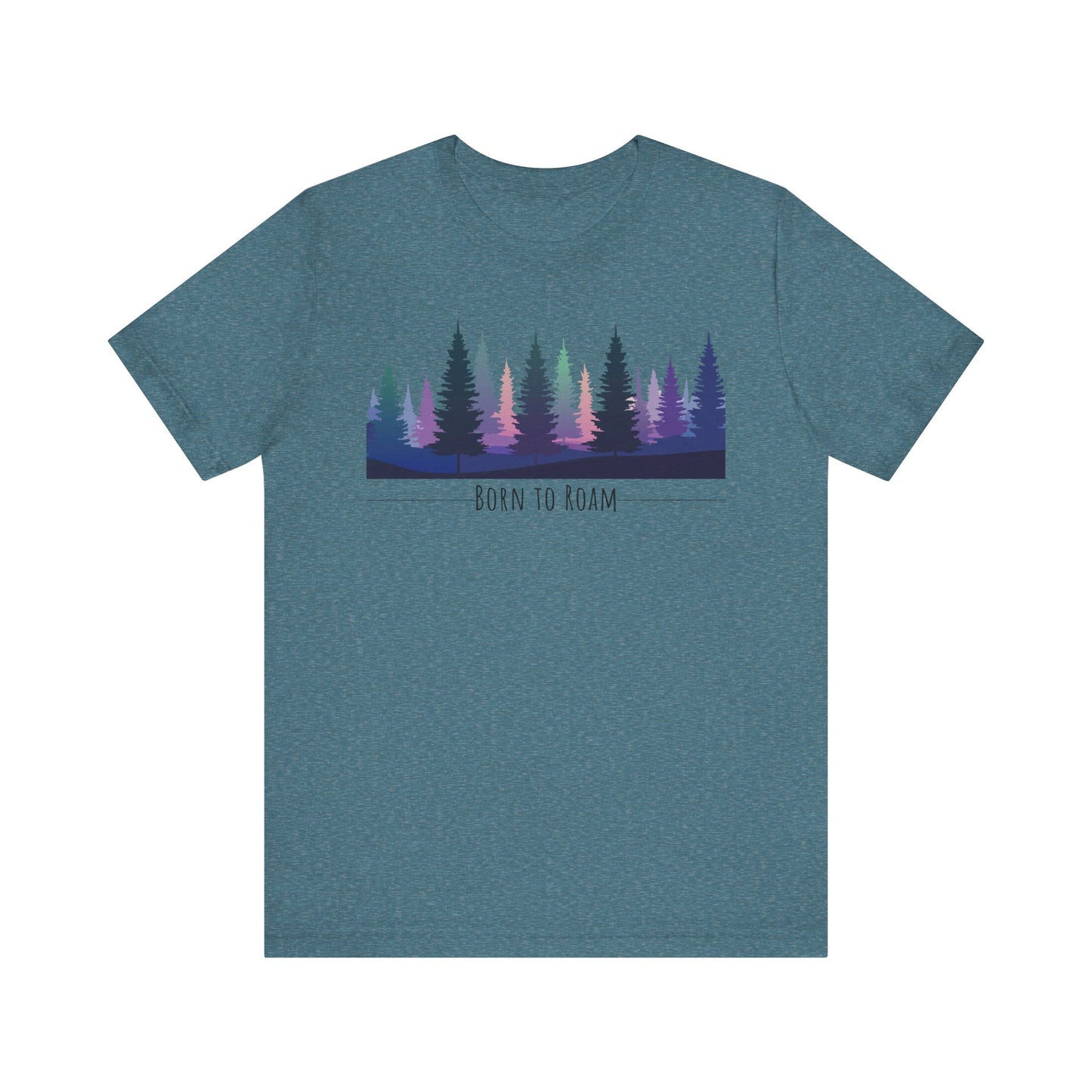 Heather deep teal t-shirt with a forest graphic and 'Born to Roam' text on a white background. 