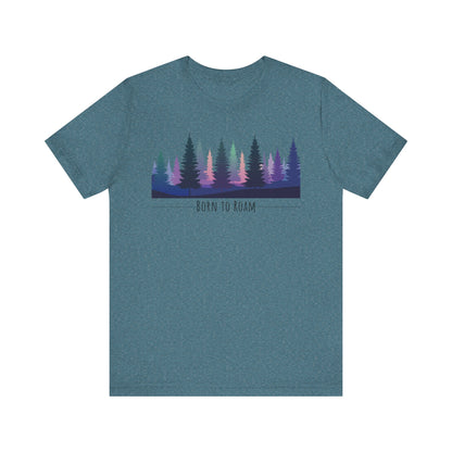 Heather deep teal t-shirt with a forest graphic and 'Born to Roam' text on a white background. 