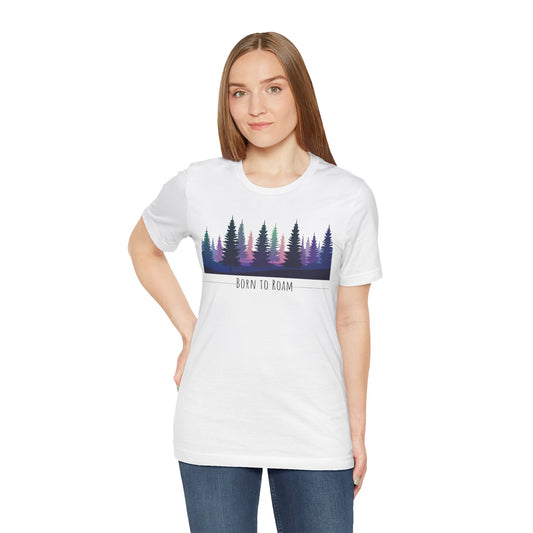 Woman wearing a white t-shirt with a nature graphic and text on a white background