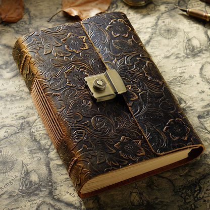Decorative leather-bound journal with map background. 