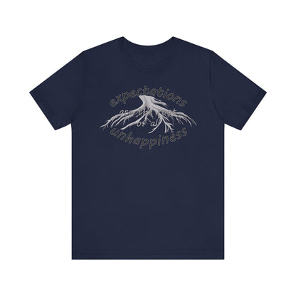 Navy blue t-shirt with white graphic design on a white background