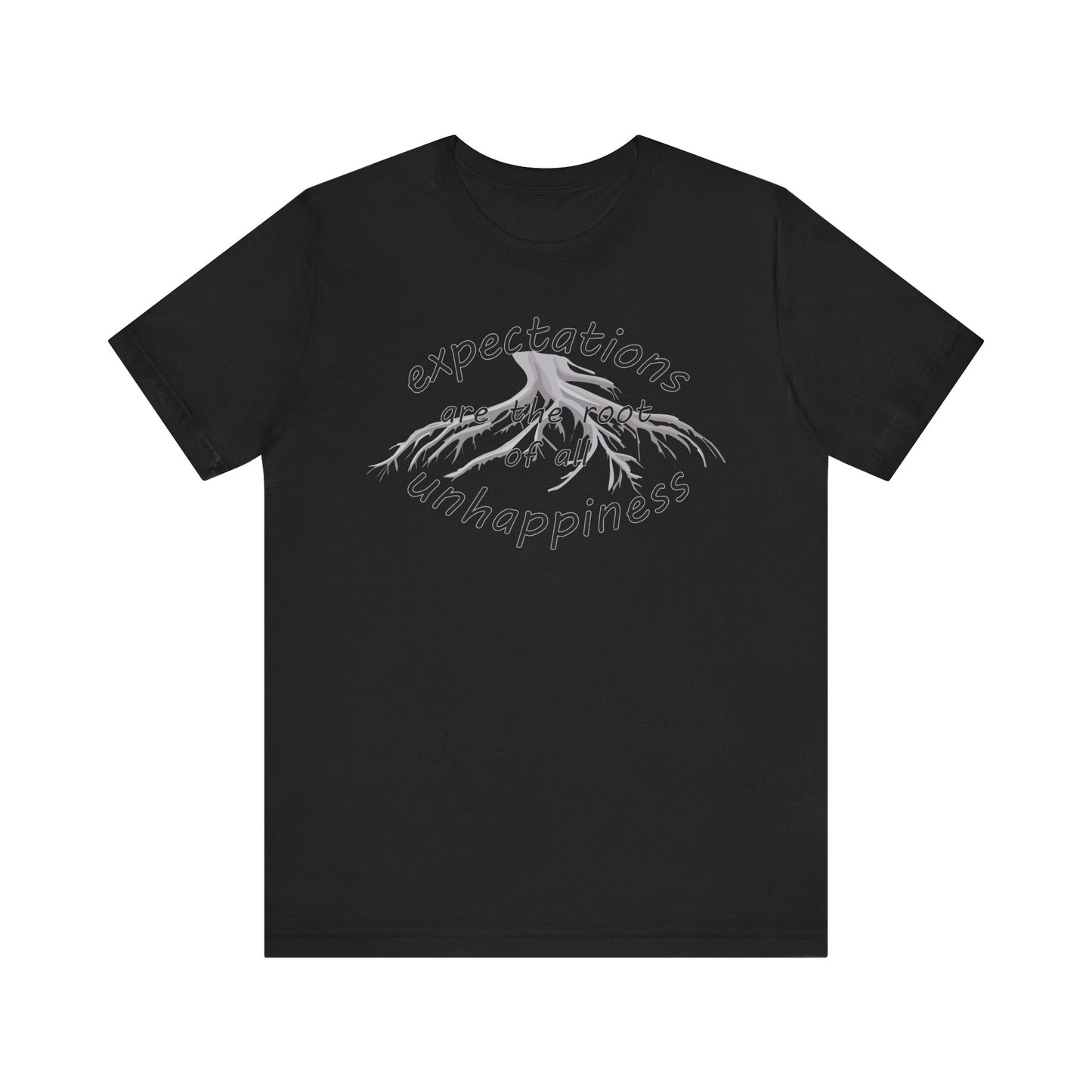 Black t-shirt with white graphic design and text on a white background