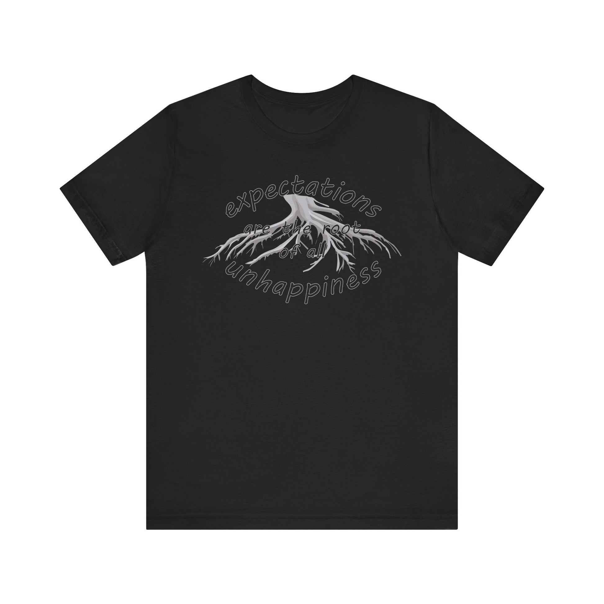 Black t-shirt with white graphic design and text on a white background