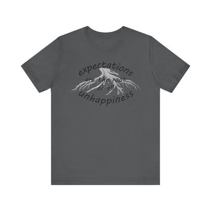 Gray t-shirt with text and graphic on a white background