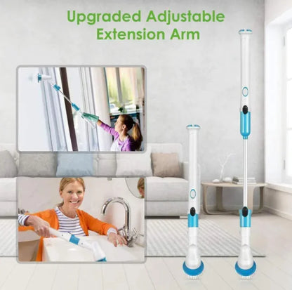 Upgraded adjustable extension arm cleaning device with usage examples in a living room.