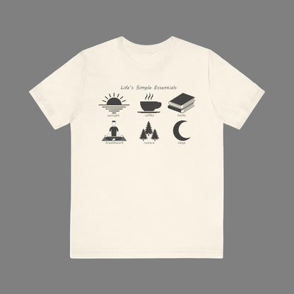 Natural color t-shirt with black graphics and text on a white background