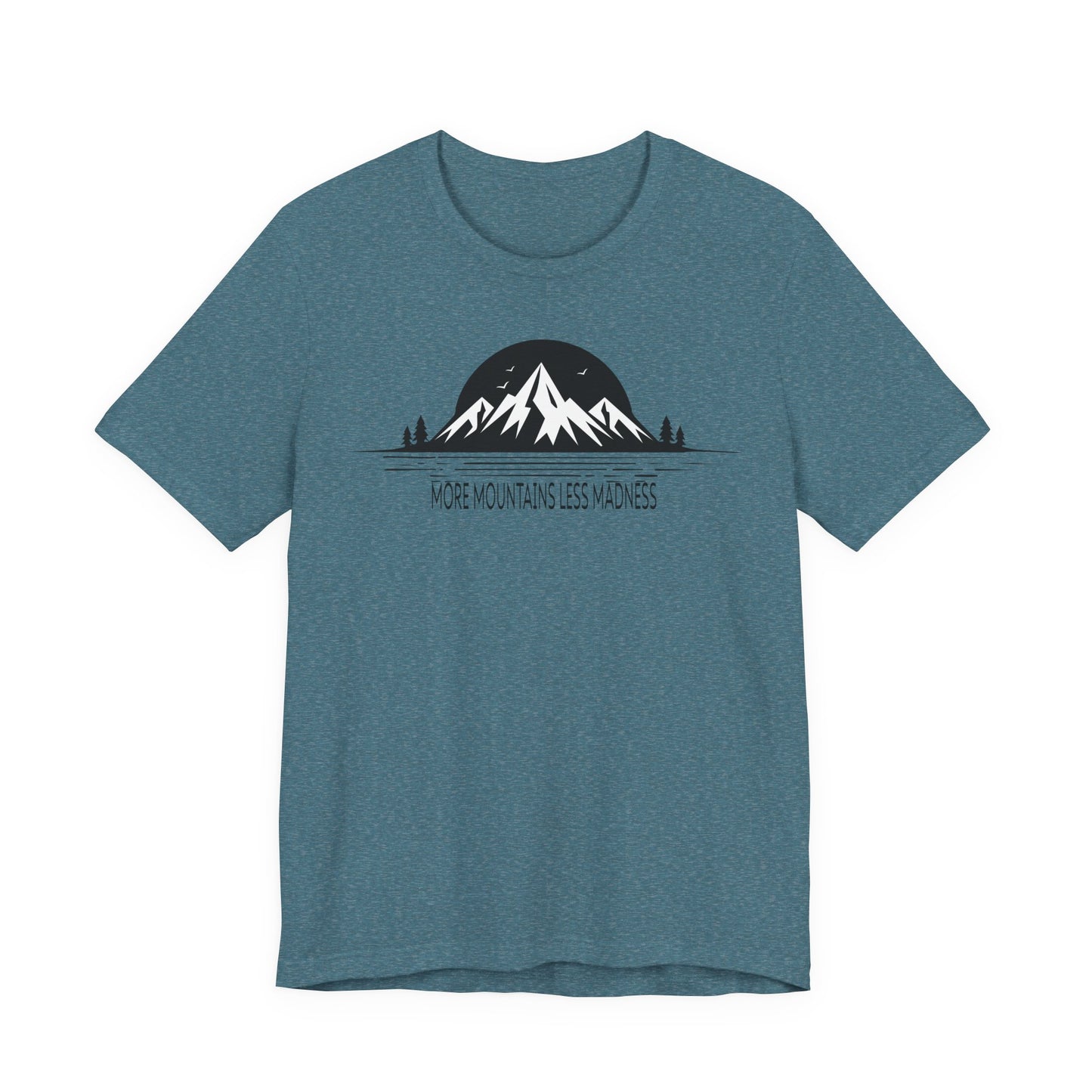 Heather deep teal. t-shirt with mountain graphic and text on a white background