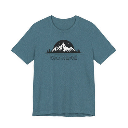 Heather deep teal. t-shirt with mountain graphic and text on a white background