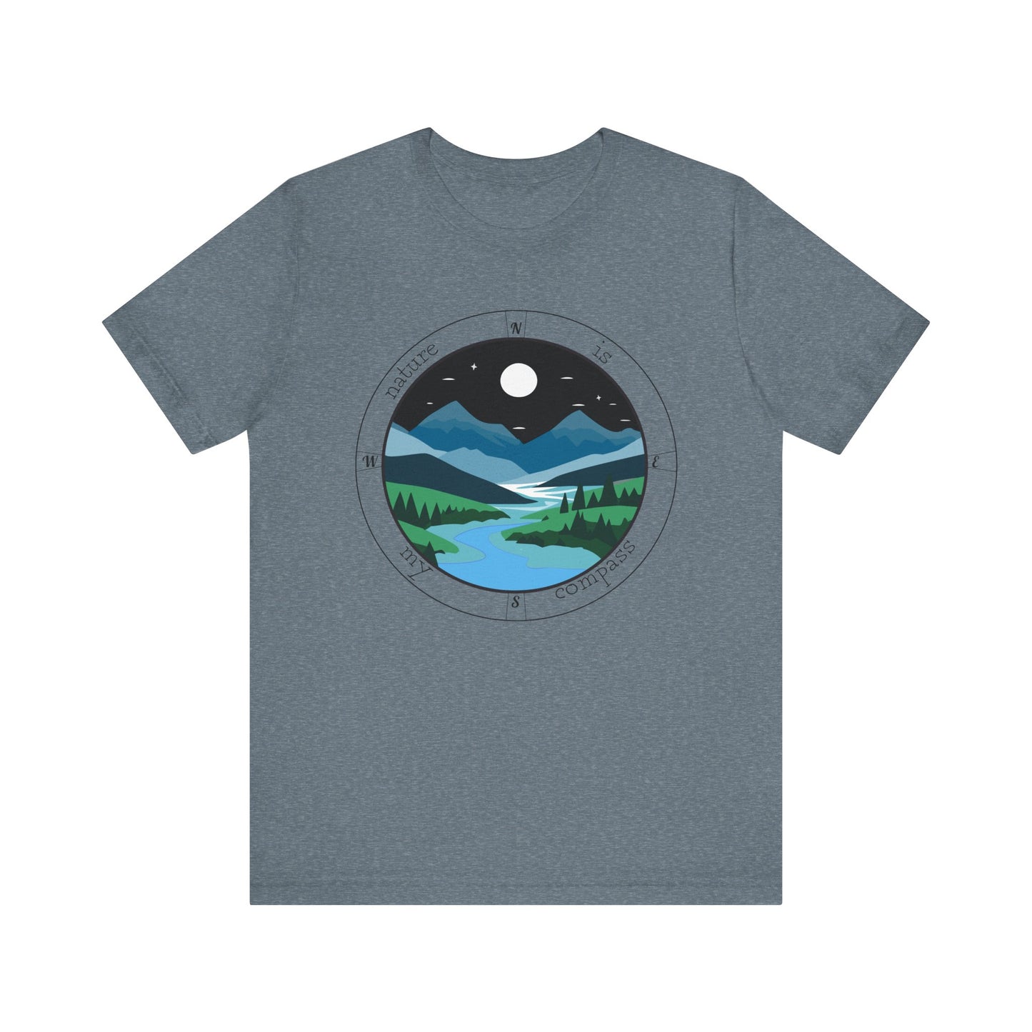 Gray t-shirt with a circular design of a mountain landscape on a white background