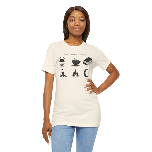 Woman wearing a white t-shirt with black graphics and text on a white background