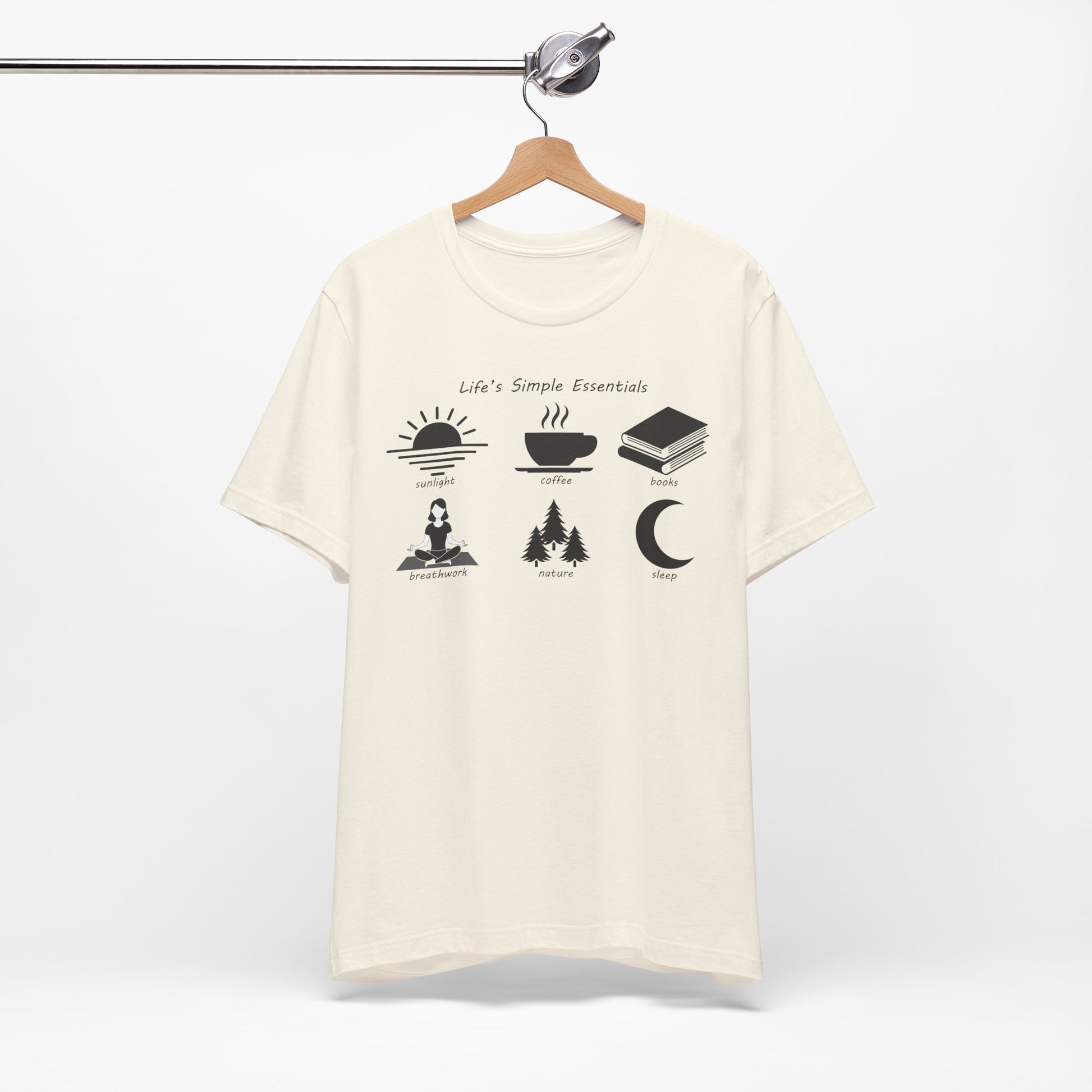 Natural colored t-shirt with black graphics and text on a white background