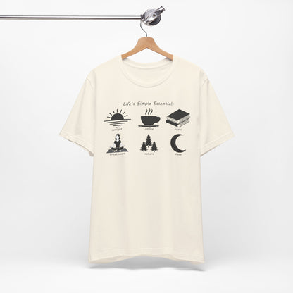 Natural colored t-shirt with black graphics and text on a white background