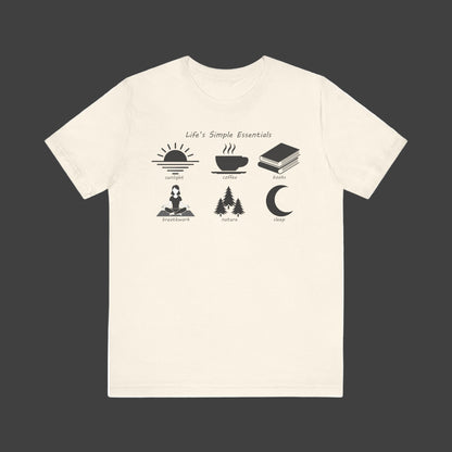 Natural color t-shirt with black graphics and text on a grey background