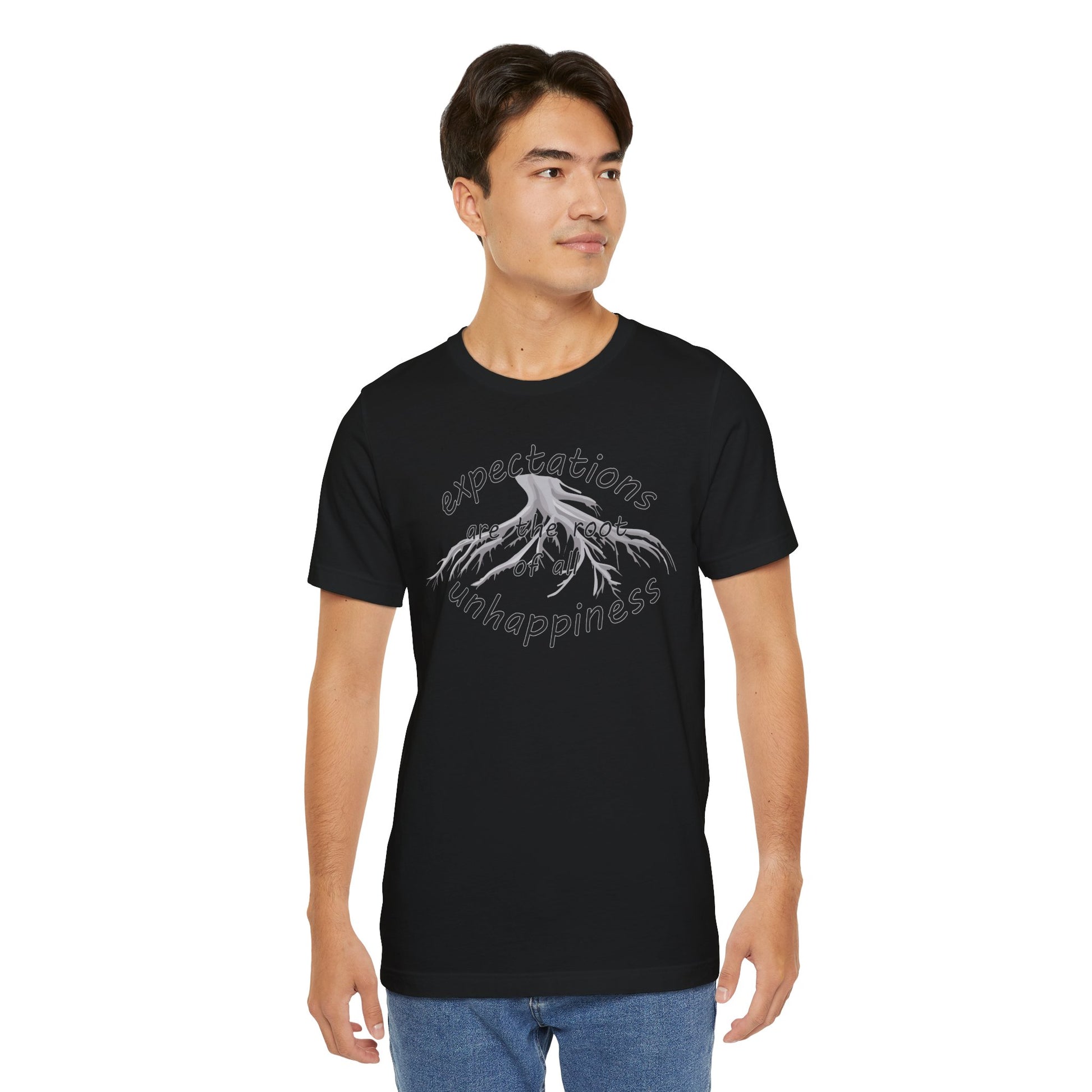 Man wearing a black t-shirt with a graphic design on a white background