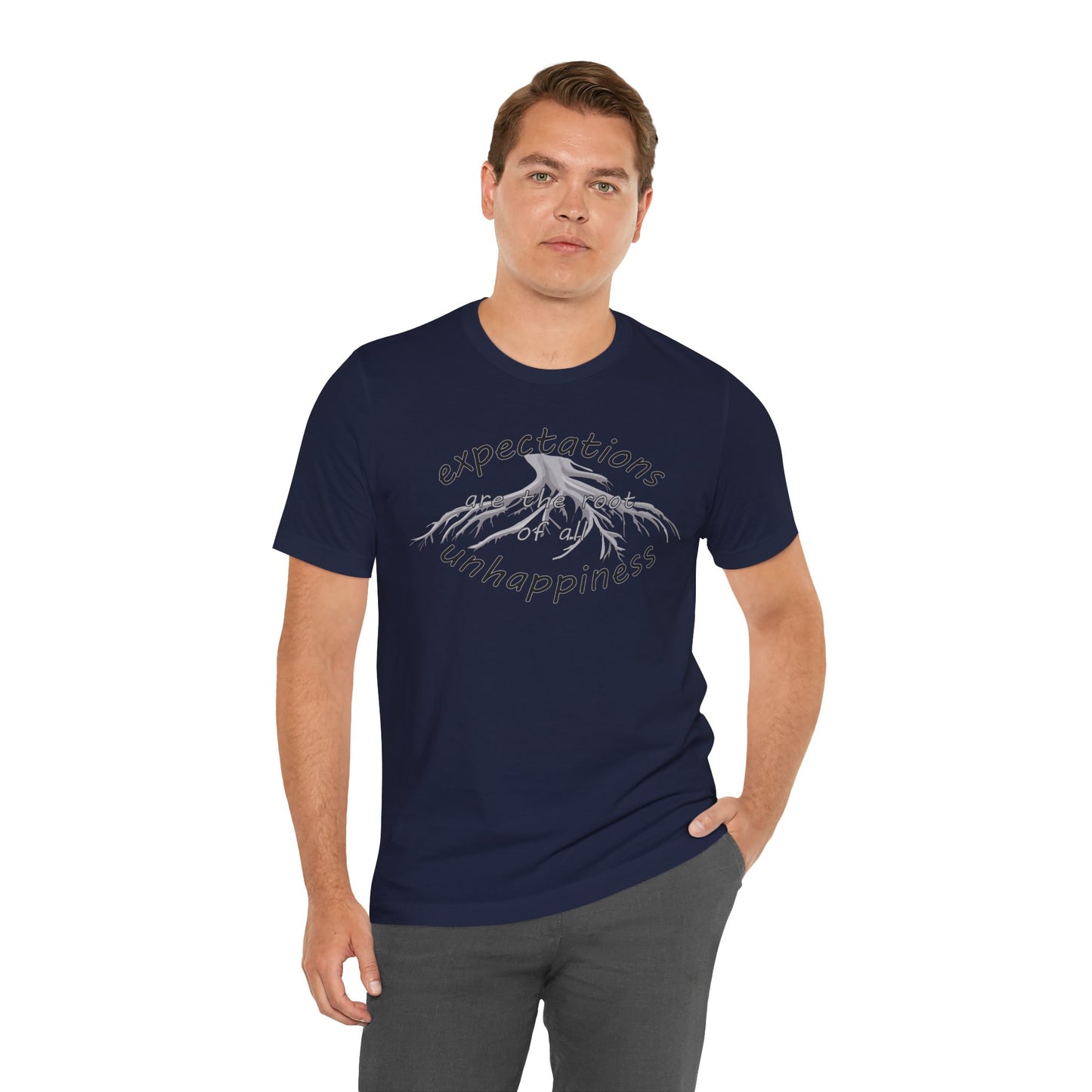 Man wearing a navy blue t-shirt with a graphic design and text on a white background