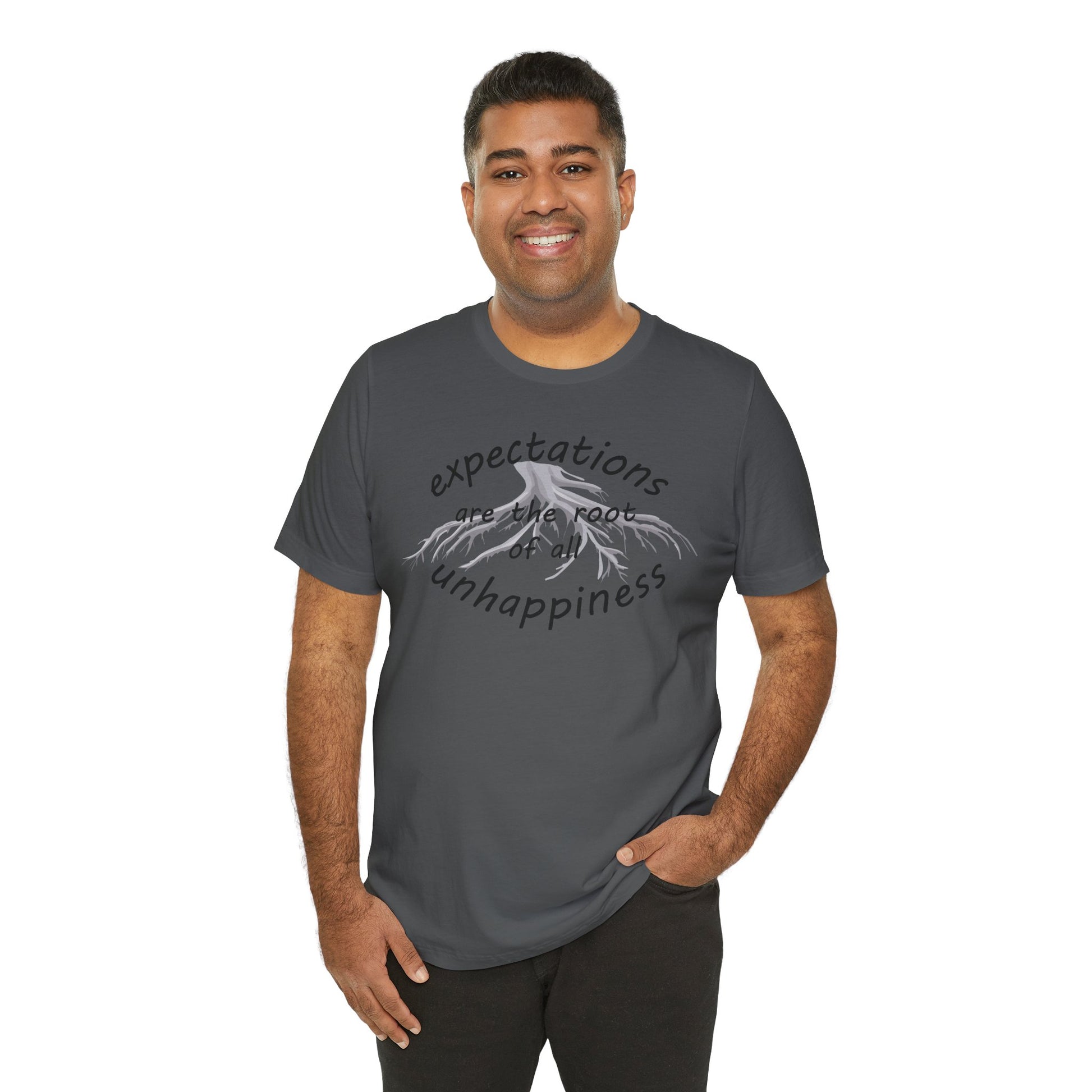 Man wearing a gray t-shirt with text and graphic design on a white background