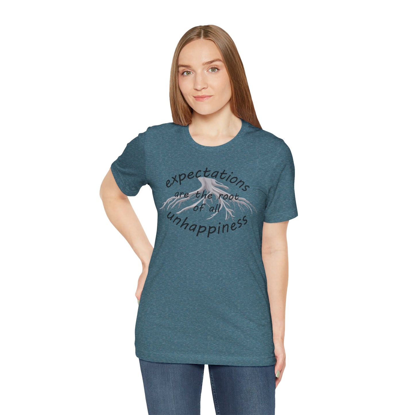 Woman wearing a blue t-shirt with text and graphic design on a white background