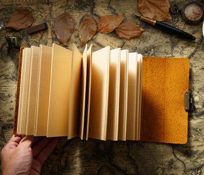 Open leather-bound notebook with beige pages on a textured surface with leaves and a compass.