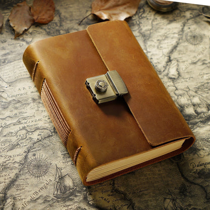 Rustic brown leather journal with map background