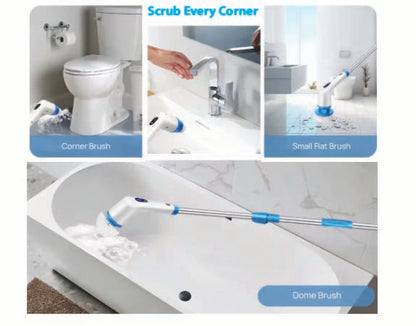 Cleaning tool with various brushes used for scrubbing different parts of a bathroom.