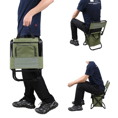 Lightweight green folding chair sitting view and folding up to carry. 