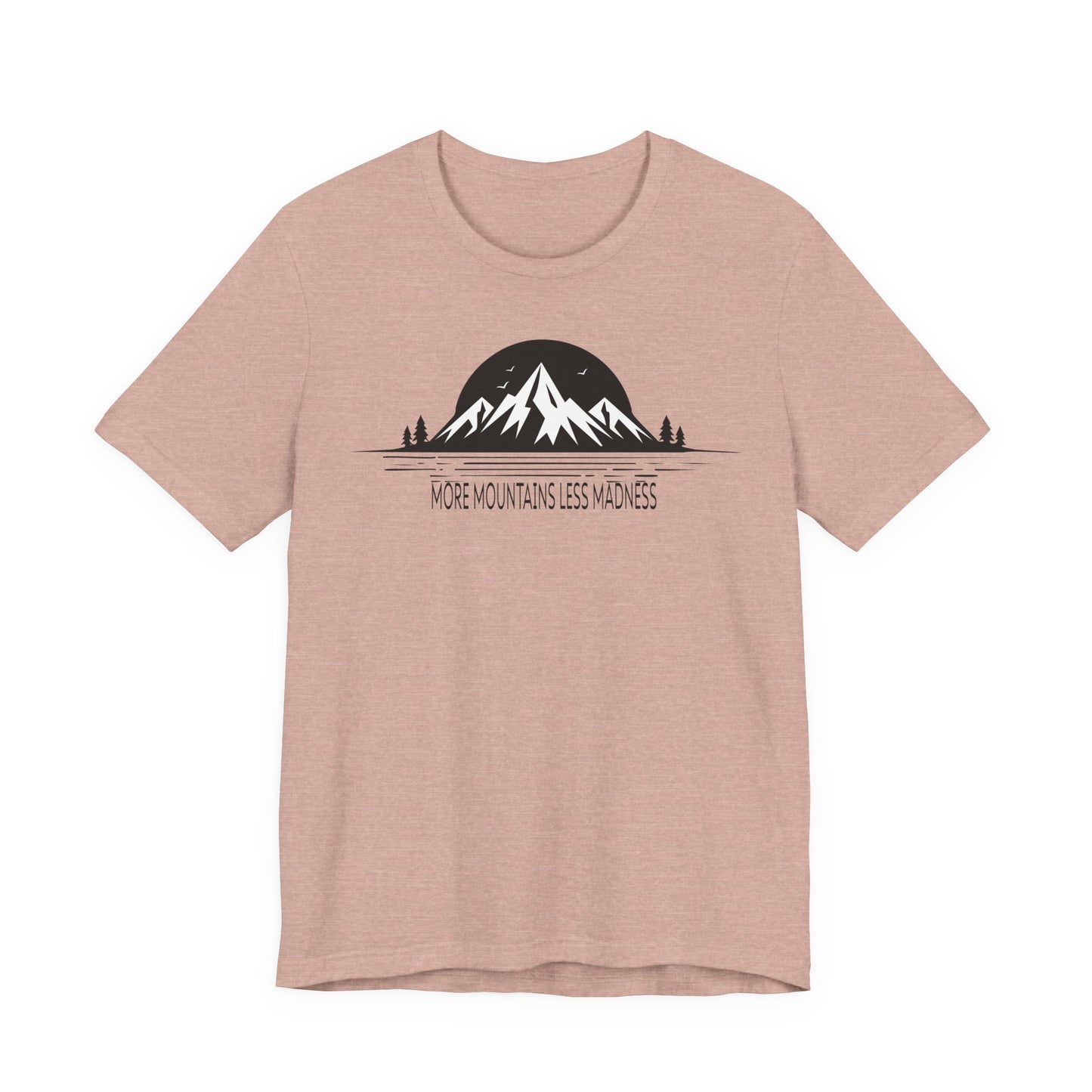 Heather peach t-shirt with mountain graphic and text on a white background