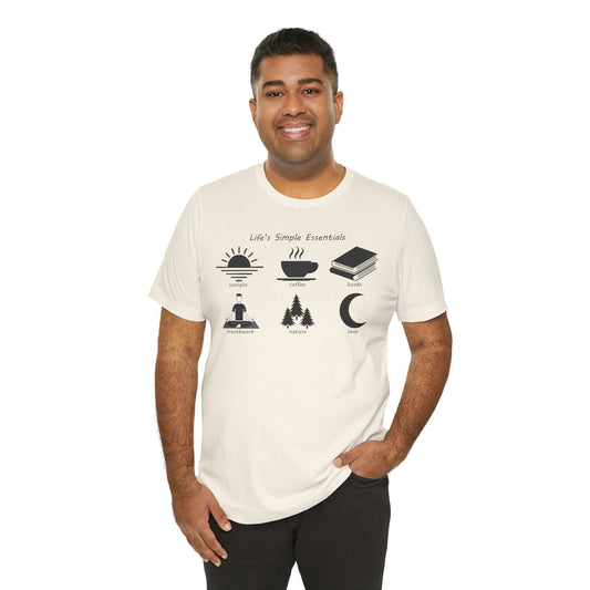 Man wearing a Natural color t-shirt with black graphics and text on a white background