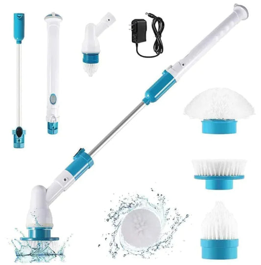 Set of scrub brush cleaning tools with various attachments on a white background